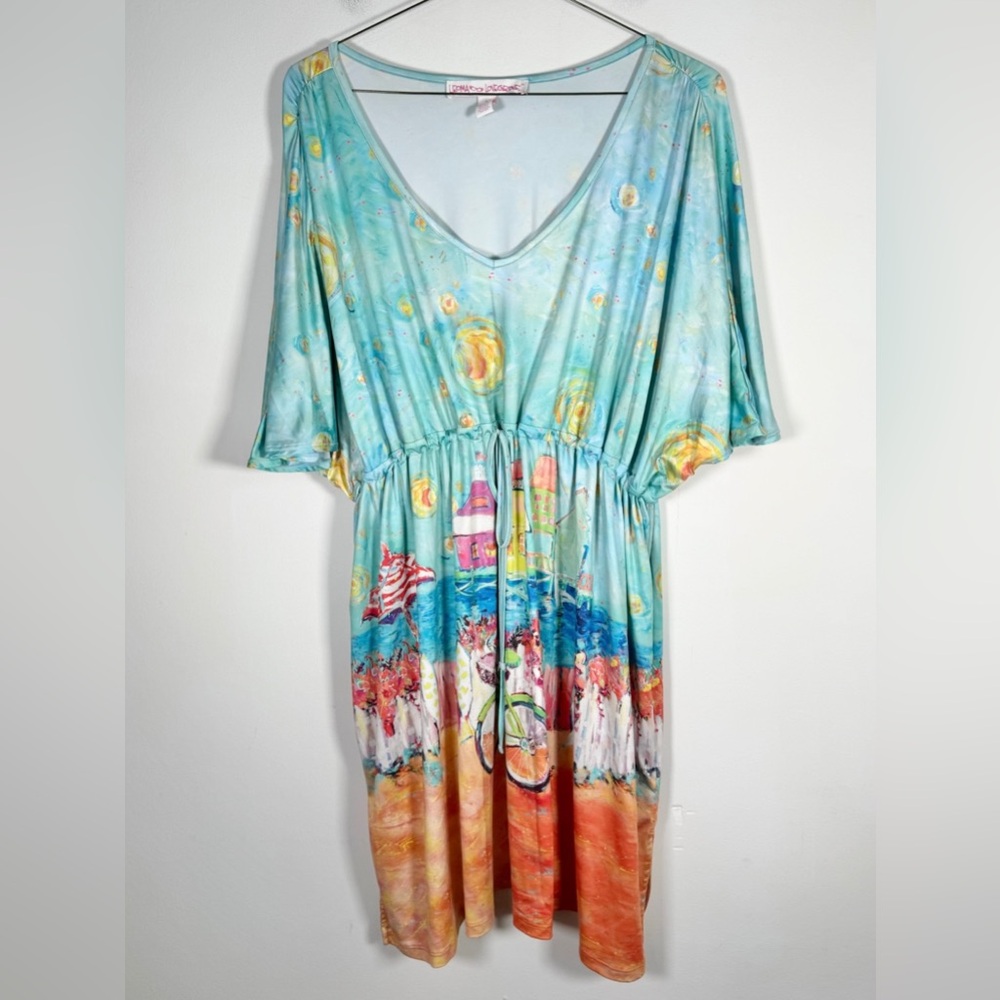 Coastal Scene V-Neck Mini Dress - Turquoise Multi